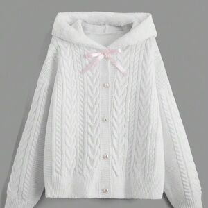 White Cable-Knit Hooded Sweater with Pearl Buttons